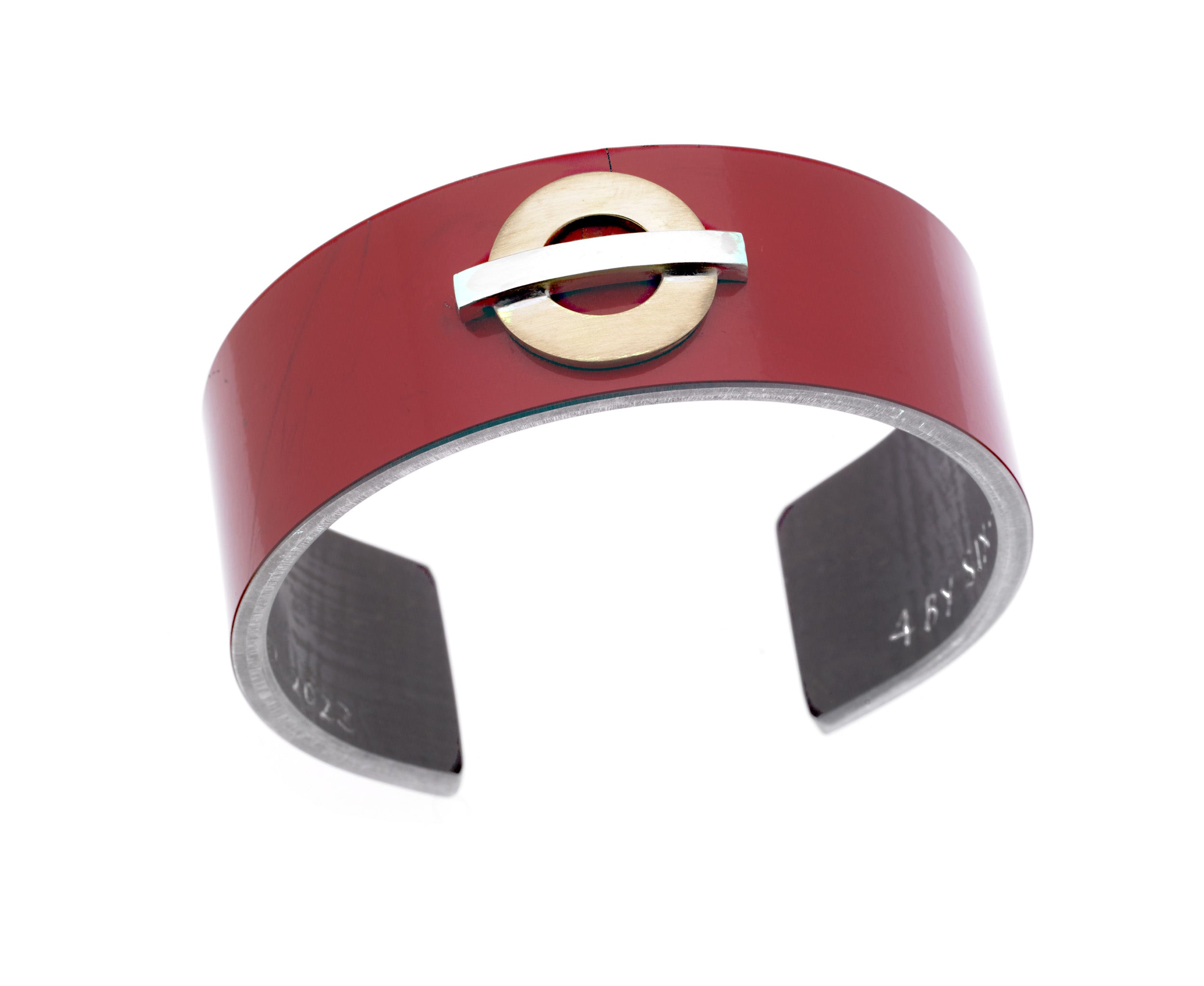 London RED doubledecker bus panel, turned into a bracelet with a tube symbol on it