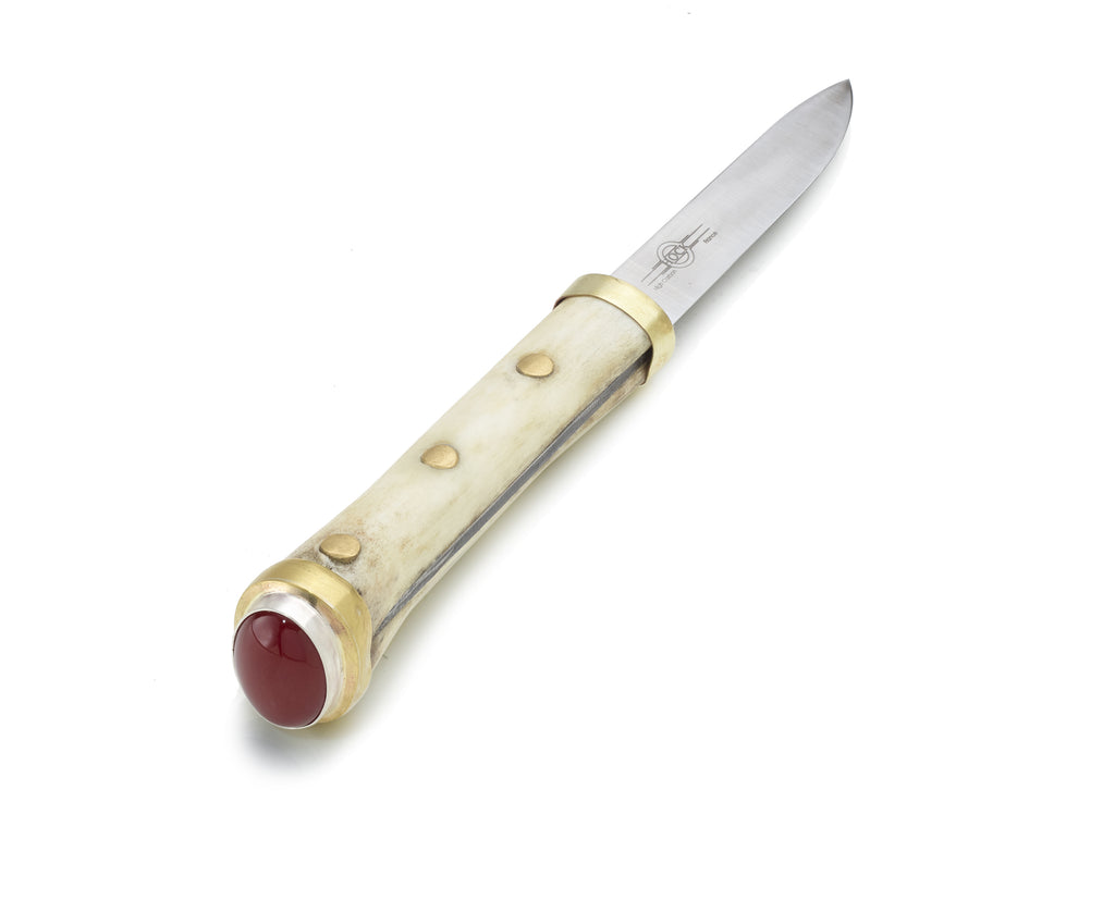 Carbon Steel knife with deer bone handle, brass rivets and a BIG carnelian on the end.